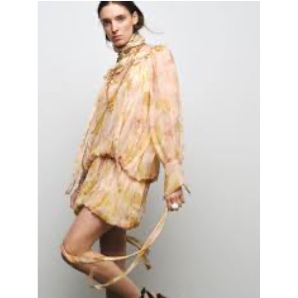 Zara Romantic Floral Pleated Ruffle Yellow Tan Long Sleeve Tie Neck Mini M
